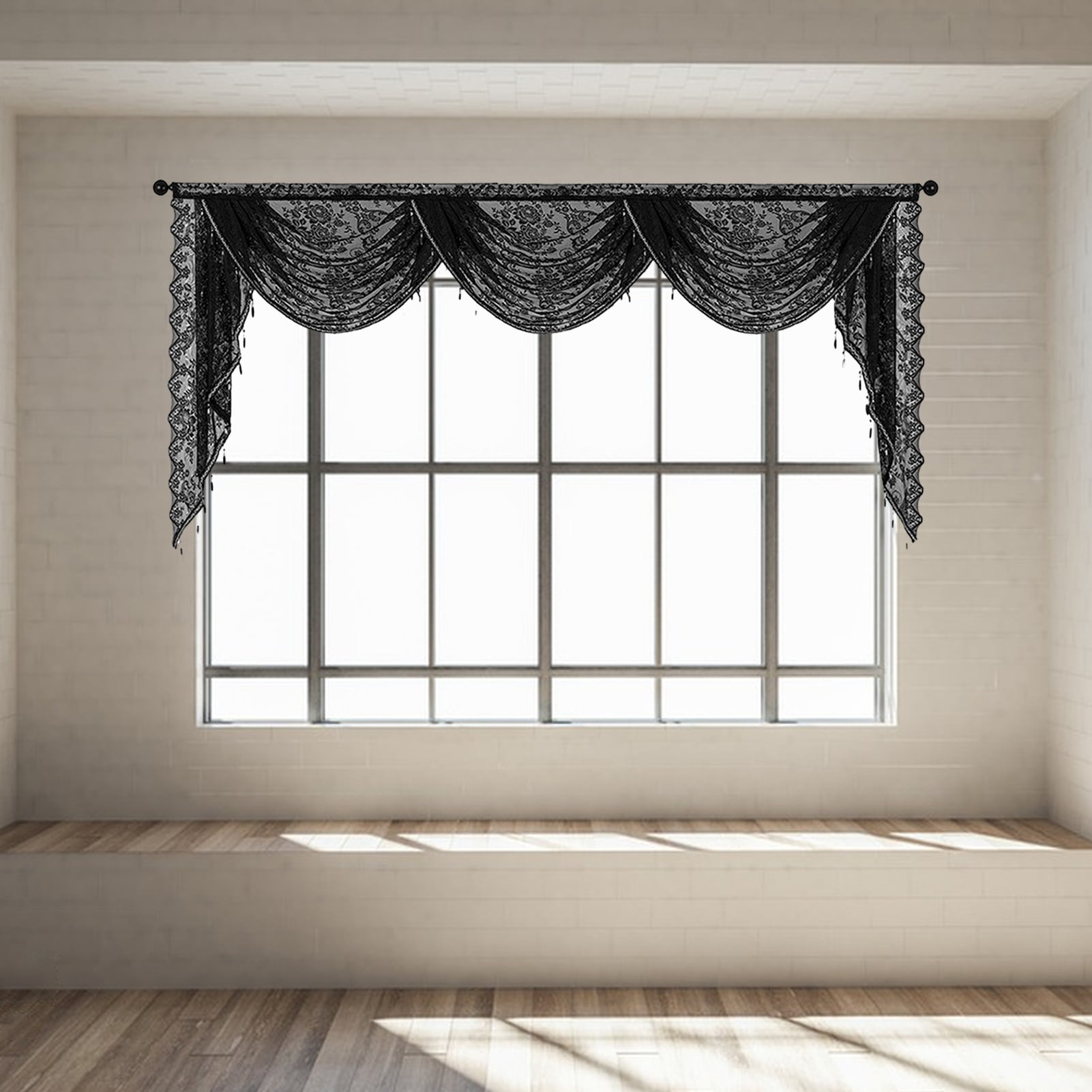 sunsanly Black Beaded Lace Waterfall Valance Lightweight Breathable Easy Installation Luxurious Small Window Semi Sheer Swag Waterfall Valance