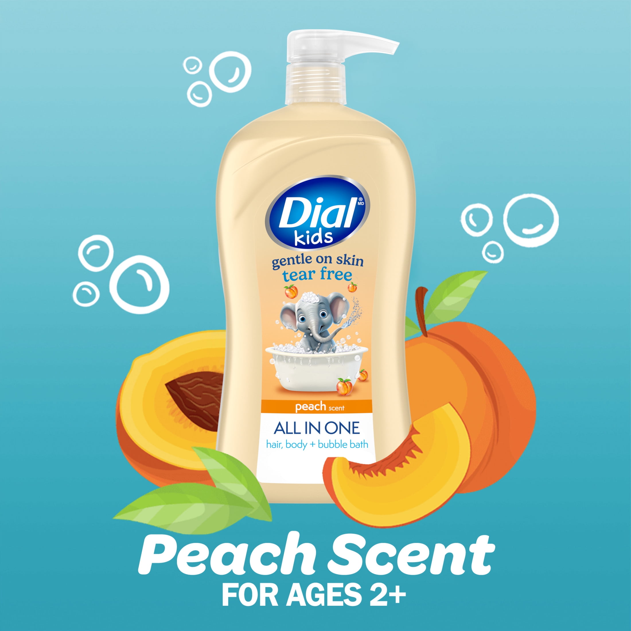 Dial Kids All-in-1 Body Wash, Hair Wash & Bubble Bath, Ages 2+, Tear-Free, Peach, 32 oz