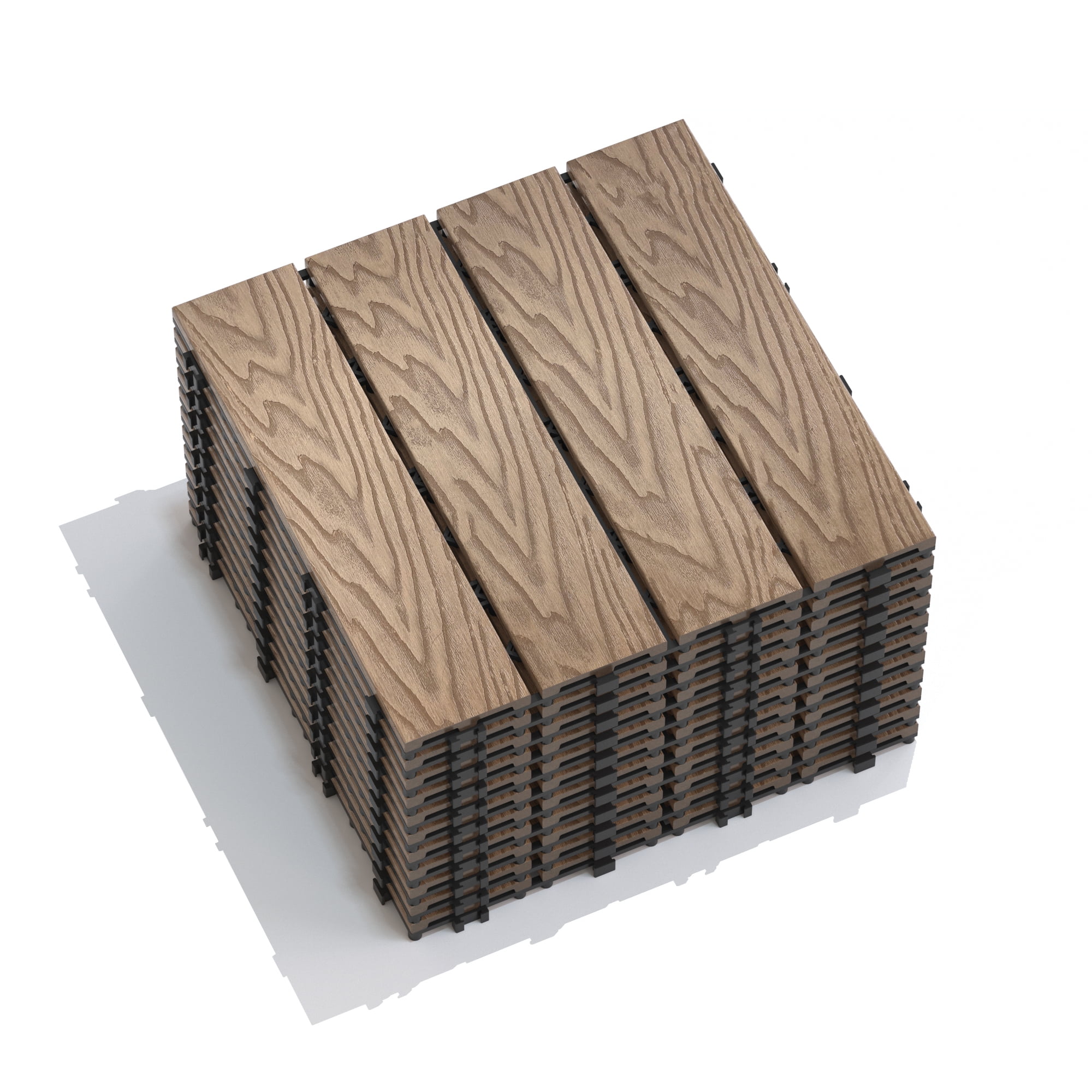 Patio Deck Tiles, Pack of 11 DIY Interlocking Wood Plastic Flooring Tiles for Porch Balcony Backyard Outdoor Yard, 3D Teak