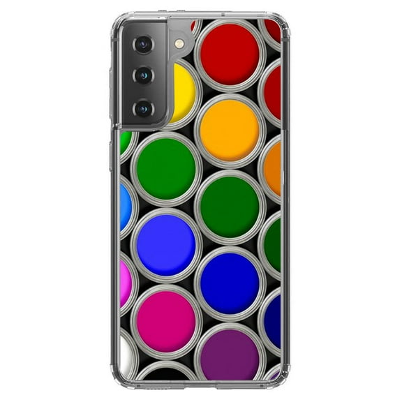 DistinctInk Clear Shockproof Hybrid Case for Galaxy S21  PLUS 5G (6.7" Screen) - TPU Bumper, Acrylic Back, Tempered Glass Screen Protector - Rainbow Paint Cans - Rainbow Art Supplies