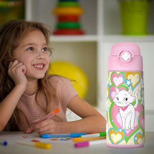 Girls Insulated Water Bottle with Covered Pop-Up Straw,16 oz Kids Cups with Stainless Steel Leak Proof for School Pink（Cat）