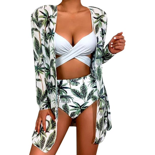 Kiosan Conjunto de bikini para mujer, traje de baño de 3 piezas, kimono floral, parte superior triangular anudada en la parte delantera, falda de traje de baño inferior de cintura alta