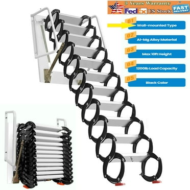 Retractable Pull Down Attic Ladder Staircase to The Mezzanine, 12 Steps Foldable Black Folding Stairs, 10 FT with Armrests Mounted Ceiling Attic Loft Ladder