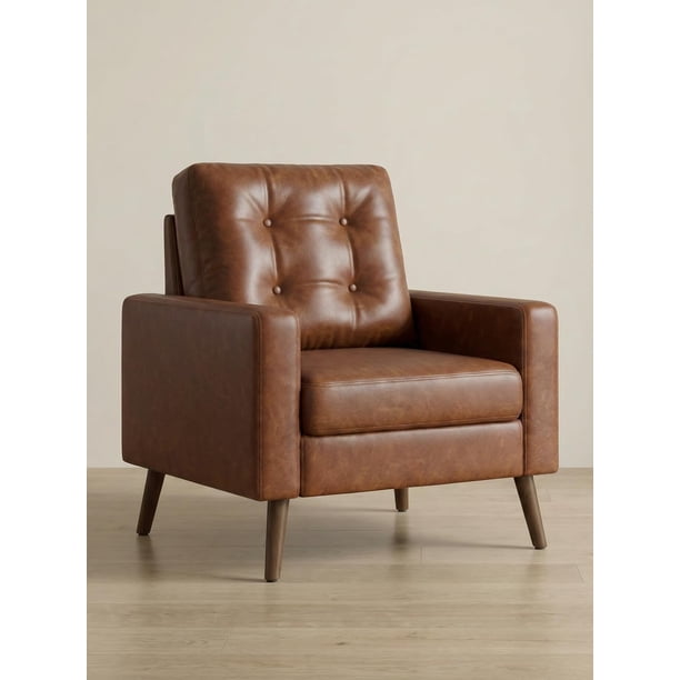 VESCASA - Silla de brazo con patas de madera, piel sintética cómoda, tapizada, moderna de mediados de siglo, para lectura/sala de estar/recámara, color caramelo
