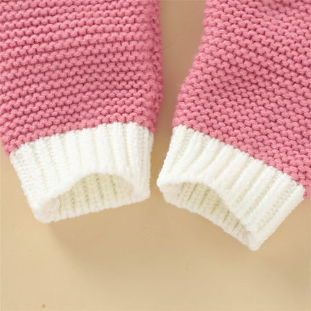 

KaLI_store Boy Girl Solid Knitted Sweater Baby Hooded Jumpsuit Romper With Ears Cotton Striped Sweater