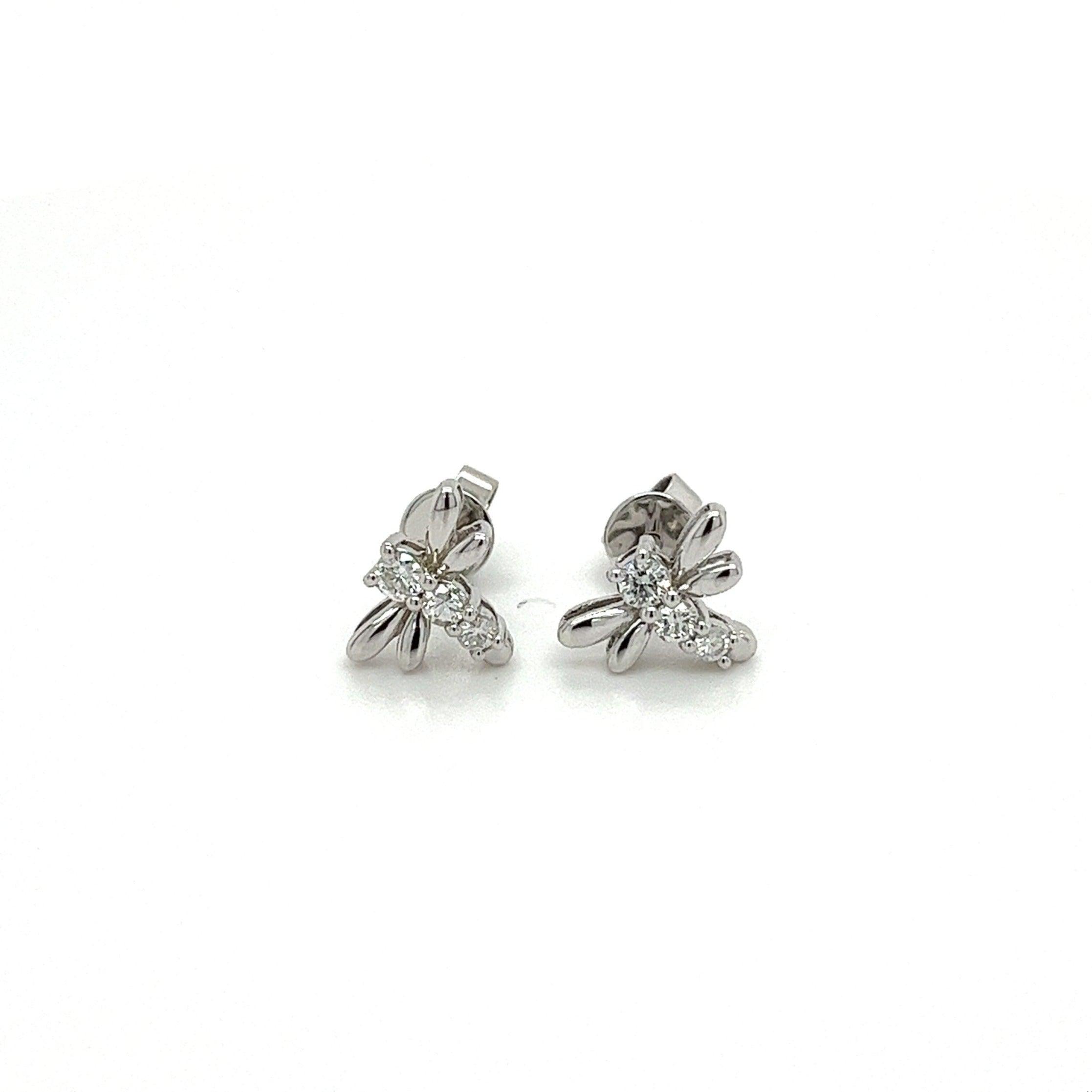 14k White Gold Dragonfly Natural Diamond Stud Earrings