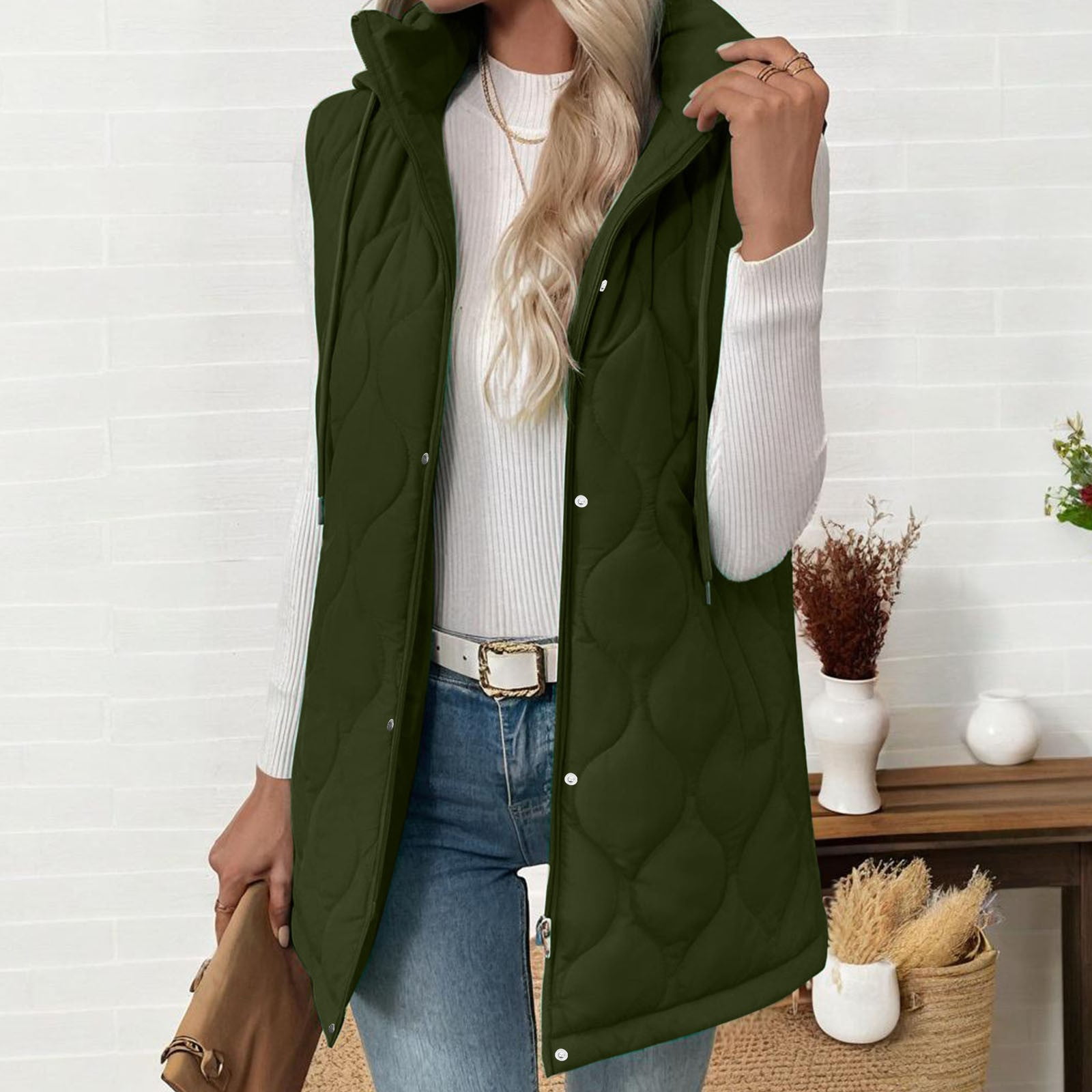 Brnmxoke Down Long Vest Women Lightweight Quilted Hooded Puffer Vests Winter Warm Zip Up Pockets Outerwear Jackets Army Green,L