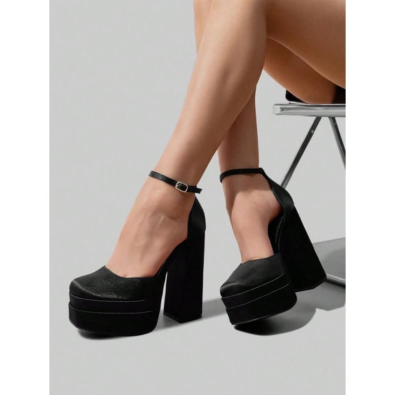 Women's Ankle Strap Platform High Chunky Block Heels Square Toe Solid Color Wedding Party Prom Festival Pumps