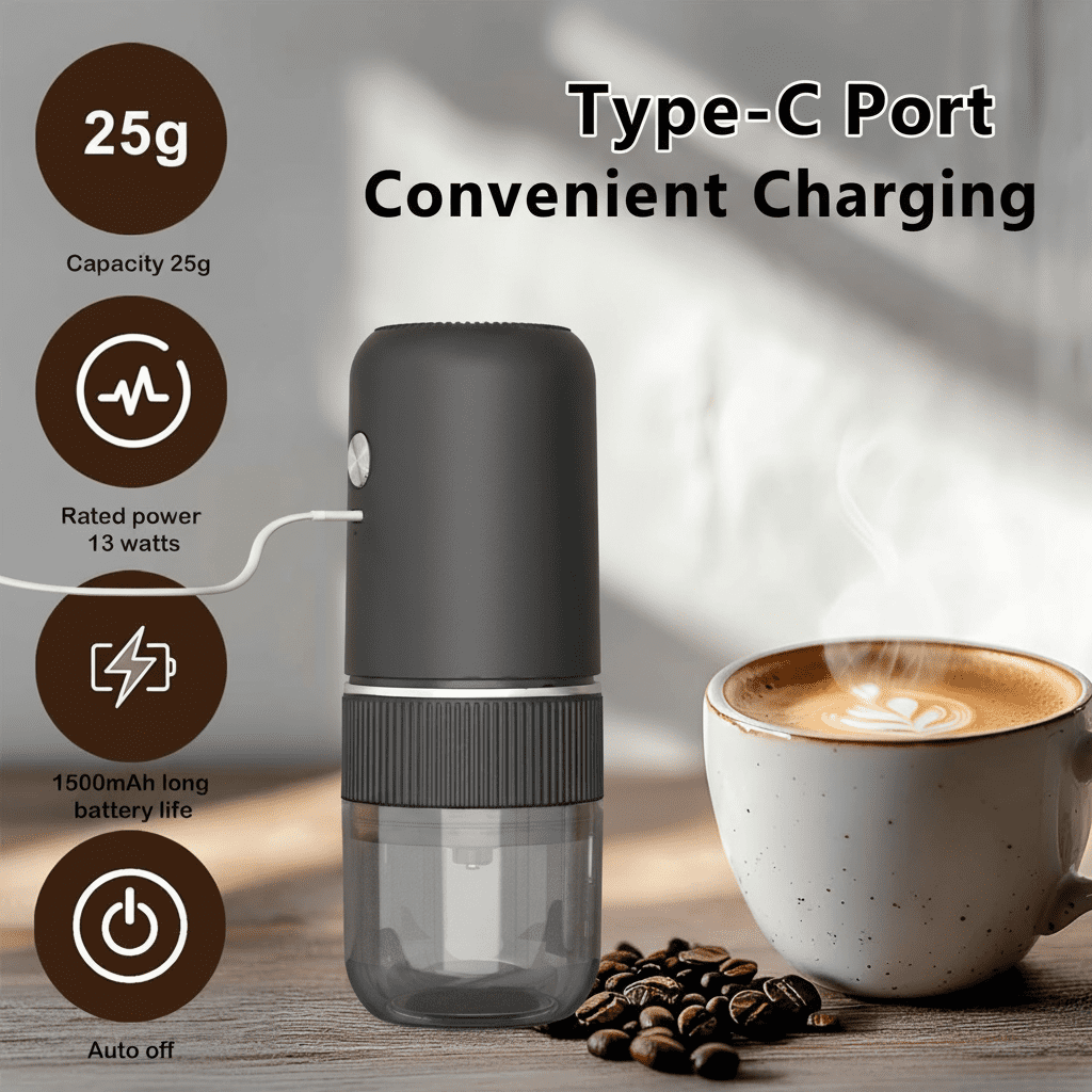 Portable Electric Burr Coffee Grinder with Visual Bean Hopper, Adjustable Grind Settings, Auto-Stop Function, Quiet for Home Travel Outdoor