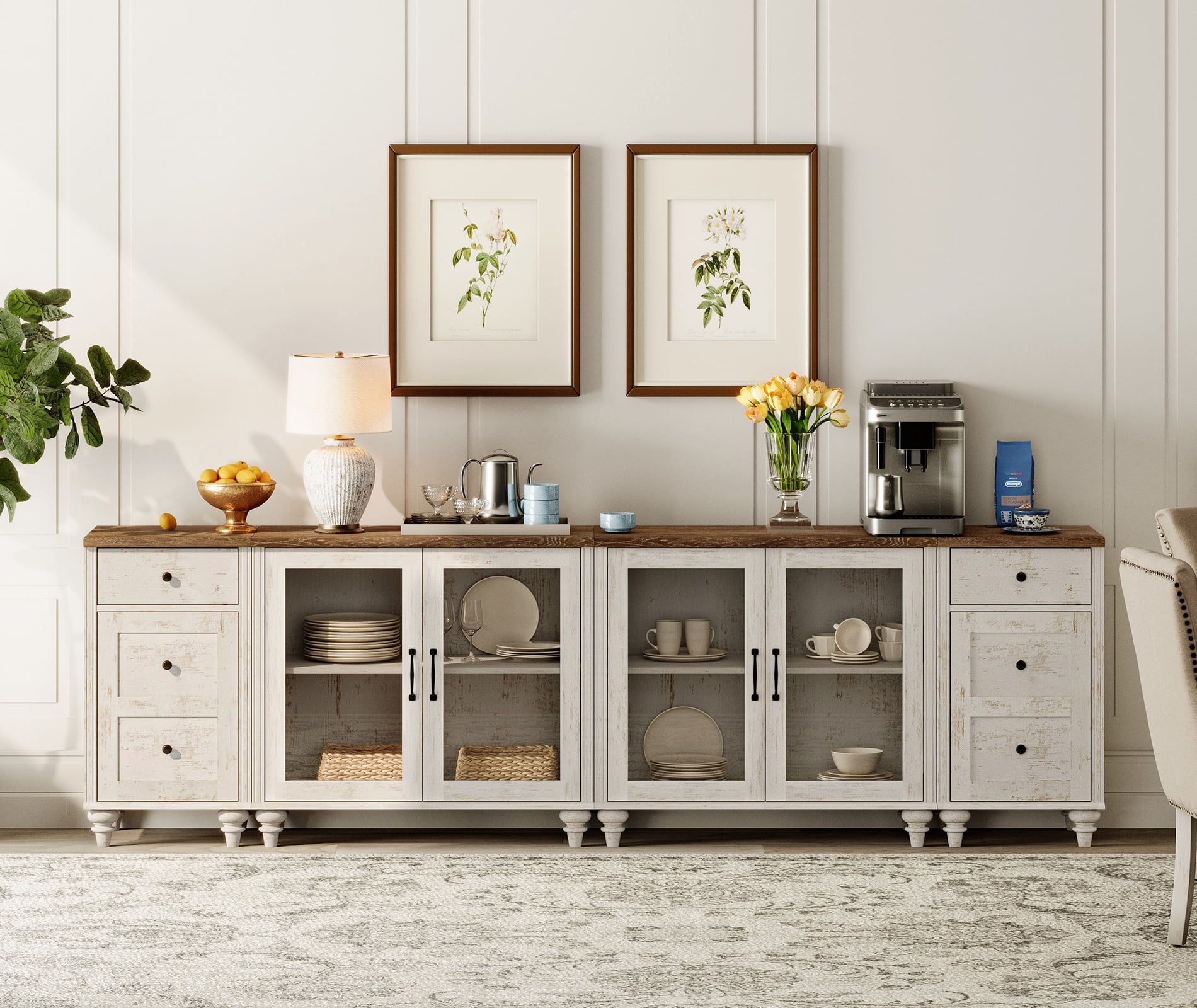 WAMPAT TV Stand for 100-Inch TV, Wood TV Console Table for 85/90/95-Inch TVs, Entertainment Center with Charging Station & Glass Door, Rustic White Kitchen Sideboard Buffet Cabinet for Dining Room