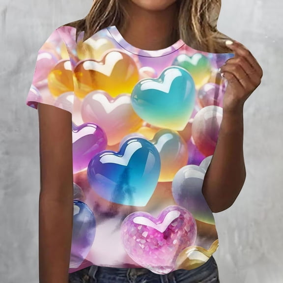 Rciityk Oversized Tshirts for Women Fashion Love Flower Print Short Sleeve Crew Neck Shirts Summer Casual Loose Tee Blouses