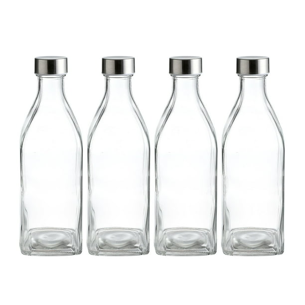 34 Oz Square Glass Water Bottles, Stainless Steel Leak Proof Lid BPA Free, 4 Pack of Reusable