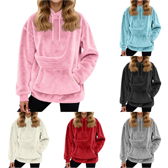 Women Fuzzy Pet Carrier Hoodie with Dog Pocket Casual Pullover