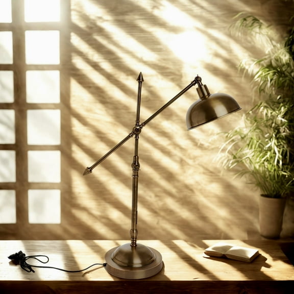 Aarvum Elios Table Lamp – Adjustable Gold Metal Articulating Arm with Dome Shade, Industrial Modern Task Lighting for Desk or Study