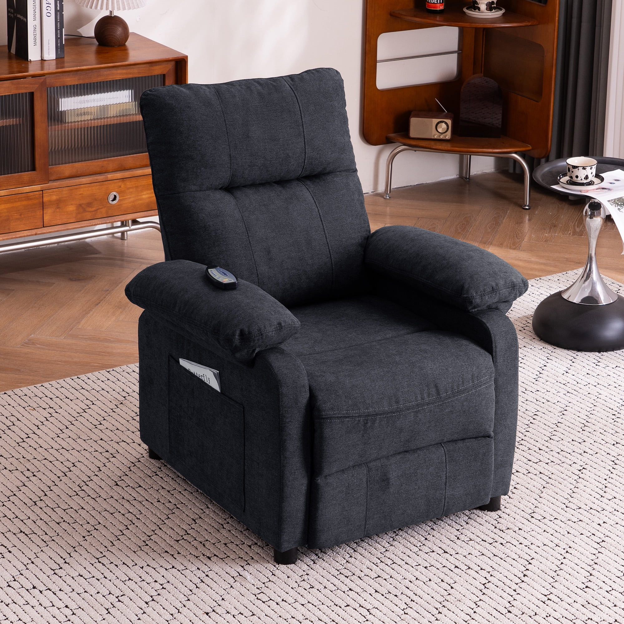 NEW 160°Recliner Chair for Elderly -Manual Push Back Reclining Chair with 8-Point Massage & Heating, Remote Control, Side Storage Pockets for Living Room, Bedroom, Black