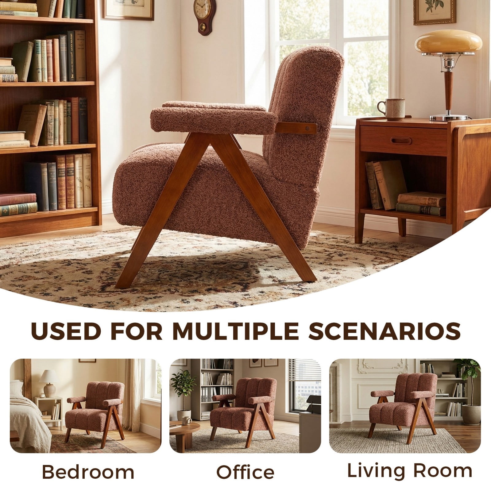 Mid-Century Modern Accent Chair Set of 2, Cloud-Shaped Chenille Lounge Armchair with Solid Oak Wood Frame, Upholstered Reading Chair for Living Room Bedroom Balcony, Rust Red