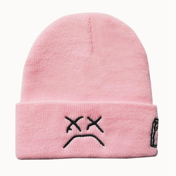 Bonnet Tricoté Brodé d'Hiver Visage Triste expression Drôle Hommes Femmes Bonnet Rose