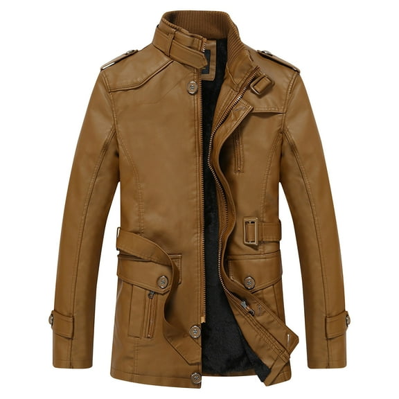 Maoxin Men Leather Jacket Men's Fashion Motorcycle Solid Color Zipper Pocket With Velvet Leather Long Sleeved Hooded Jackets for men Khaki 3XL