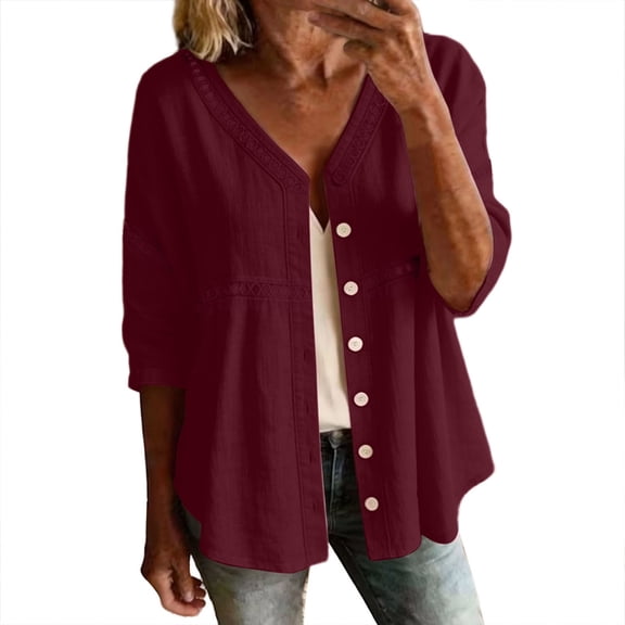 Dursoulink 3/4 Sleeve Cardigans for Women V Neck Embroidered Linen Shirts with Loose Casual Summer Design