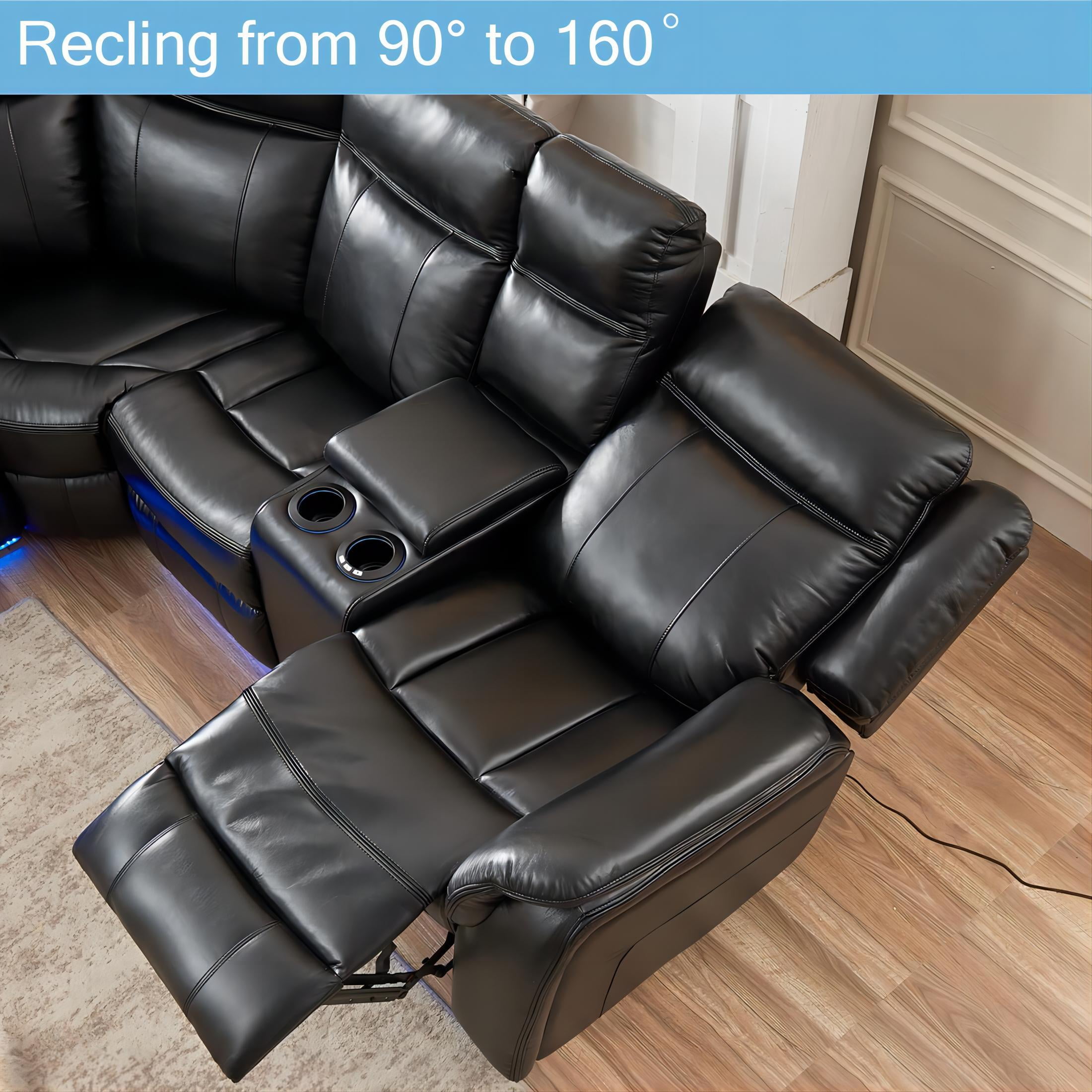 Comfort Stretch Power Recliner Sofa Sets with LED Lights,Faux Leather Reclining Sectional Couch for Living Room Furniture Sets with USB Port,Storage Console,Cup Holders Black