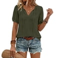 thumbnail image 2 of Women's Short Sleeve Tops Summer V Neck Tshirts Linen Vintage Casual Tees, Army Green L, 2 of 7