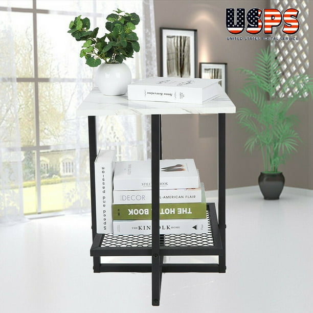 Modern 2 Tier Side Table End Table Marble Top Metal Legs ...
