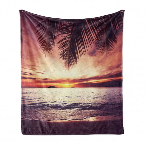 Palm Tree Soft Flannel Fleece Throw Blanket, Tropical Beach Under Shadows at Sunset Ocean Waves Serenity of Paradise in Nature, Cozy Plush for Indoor and Outdoor Use, 70" x 90", Yellow, by Ambesonne