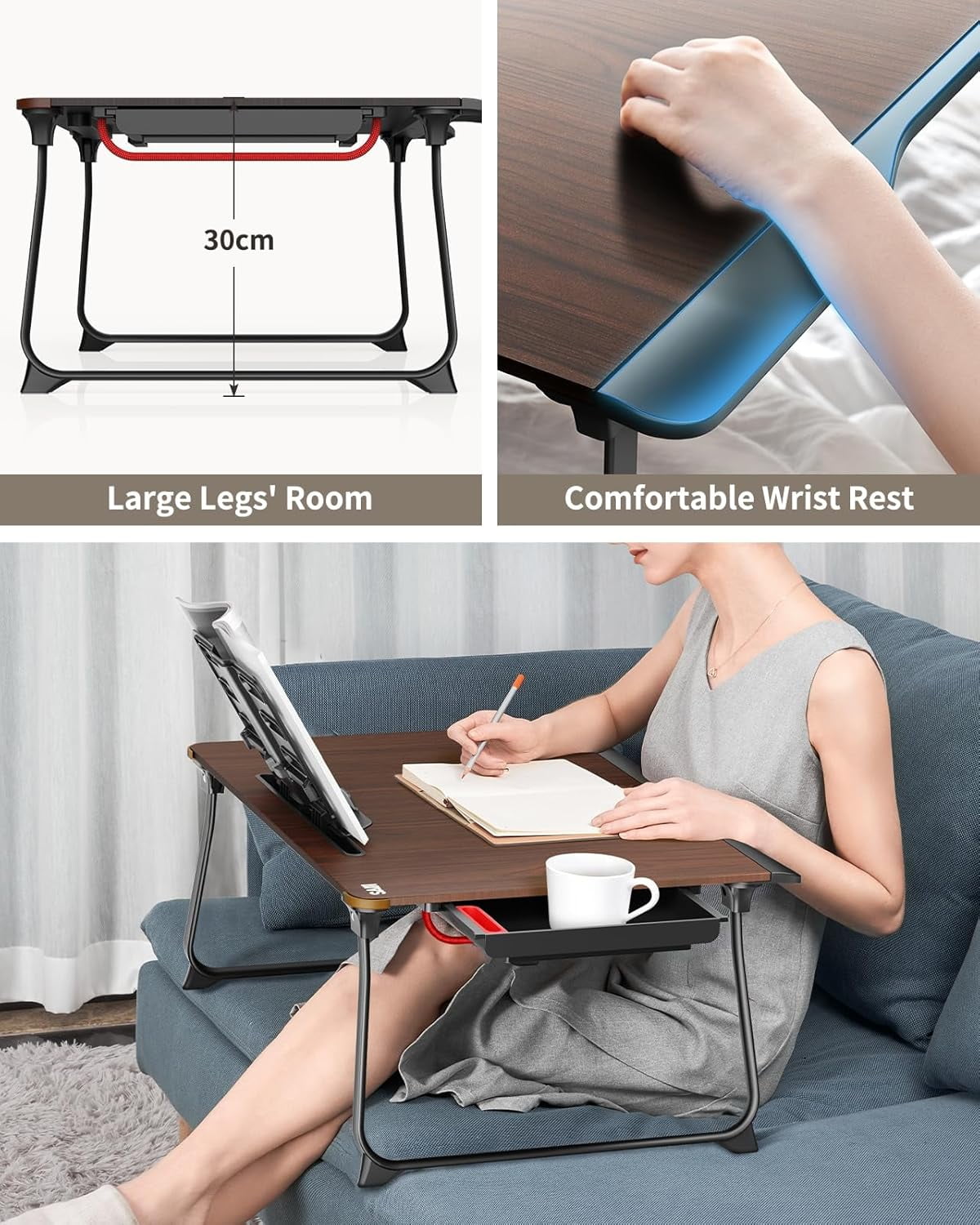 XX-Large Foldable Bed Tray Table for Eating Breakfast, Writing, Working, Gaming, Drawing with Storage Drawer, Handrest Bookstand, Tablet Stand, Phone Stand(Black Cherry)