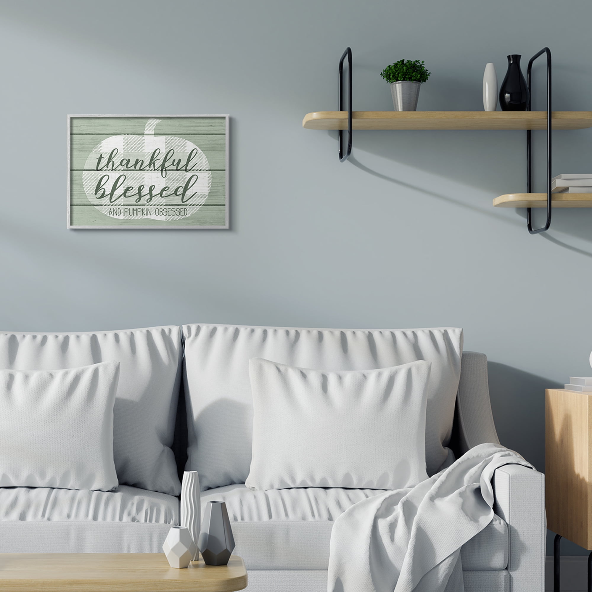 Stupell Industries Green Thankful Blessed Pumpkin Harvest Phrase Typography Painting Gray Framed Art Print Wall Art, 16 x 20