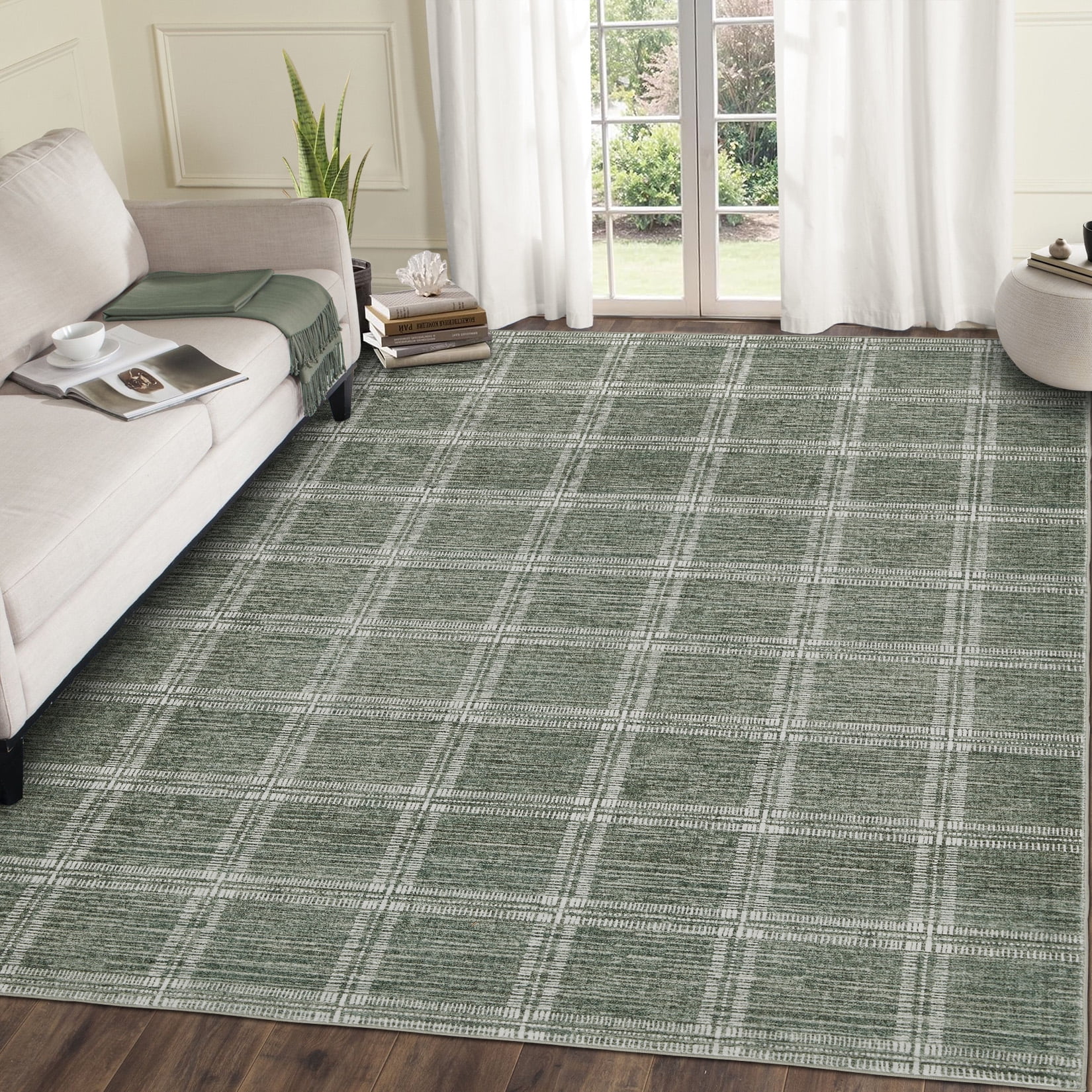Garvee 8'x10' Area Rug Modern Striped Geometric Carpet, Washsble Plaid Rug Non Slip Stain Resistant Indoor Floor Mats for Living Room Bedroom Dining Room, Green
