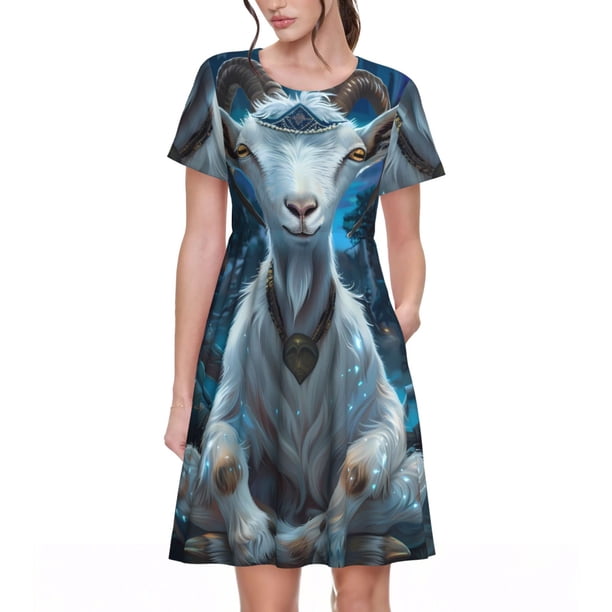 Disketp Forest Meditating Goat para Vestido de Manga Corta para Mujeres, Vestidos de Verano para Mujeres, Casual y Holgado para la Playa