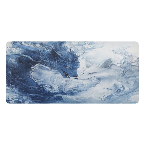 Wobogo Blue Dragon and Fox Gaming Mouse Pad Non-slip Leather Desk Mat Water Resist Keyboard Pad for Gamer Office 16.5×35.4in