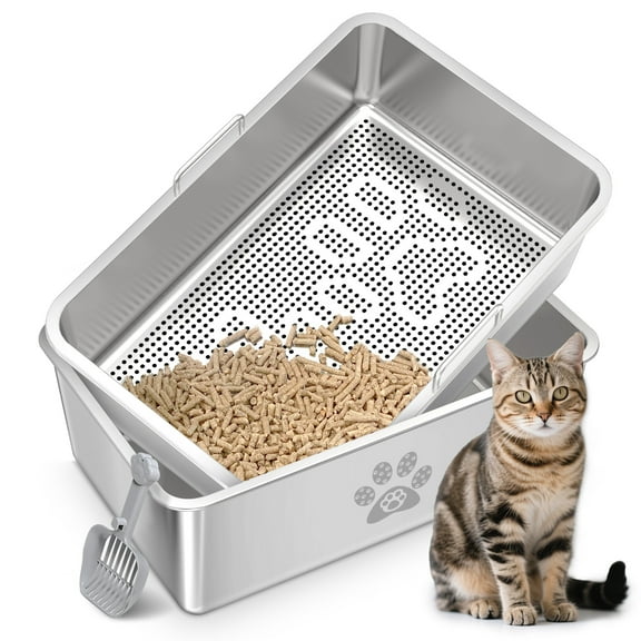 Ptlom Stainless Steel Sifting Litter Box for Pine Pellets 23.6" x 15.7" x 7.9", Extra Large Metal Litter Pan with Sifter