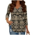 thumbnail image 2 of Dasayo Babydoll Women's Tops V-Neck Brown 3/4 Sleeve Tops Tunic Graphic Vintage Pleated Clothing Women's T-Shirts L, 2 of 7