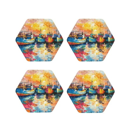 

Leather Coasters Set of 4 - Colorful Fishing Boats Lightweight Non-Slip Drink Coasters for Desk Anti-Scalding Desk Cup Coasters for Office Table Decor Hexagon