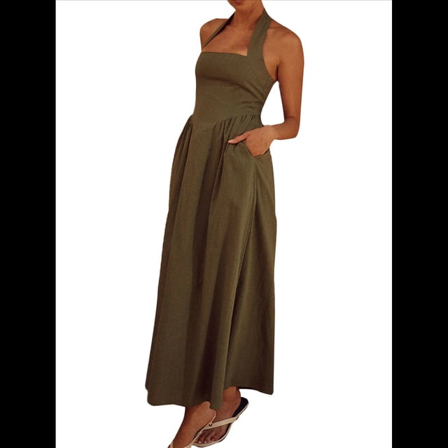 Vestidos de Verano para Mujer 2025, Estilo Halter, Maxivestido Elegante para Invitadas de Boda, Cóctel, Semiformal, para Fiestas de Verano Verde Oscuro L