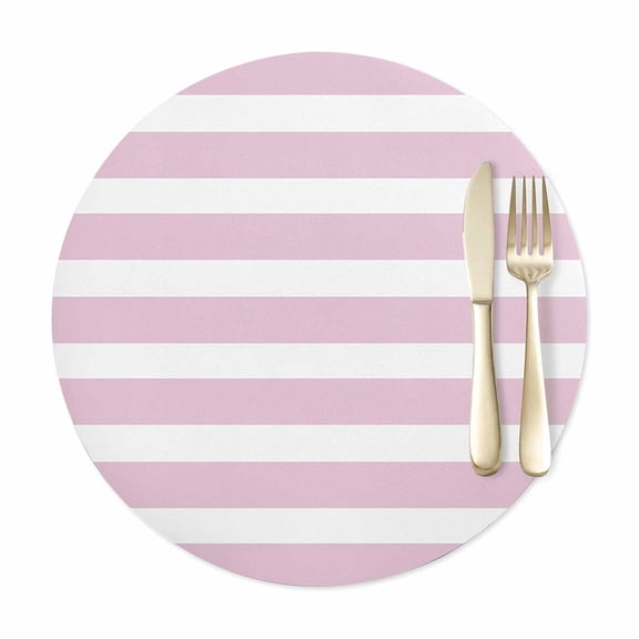 Round Placemats Set of 1, Modern Striped Lines Faux Leather Placemat Waterproof Oil-Proof Wipeable Table Mats 12in, Pink and White Washable Place Mats for Kitchen Dining Table Party Outdoor