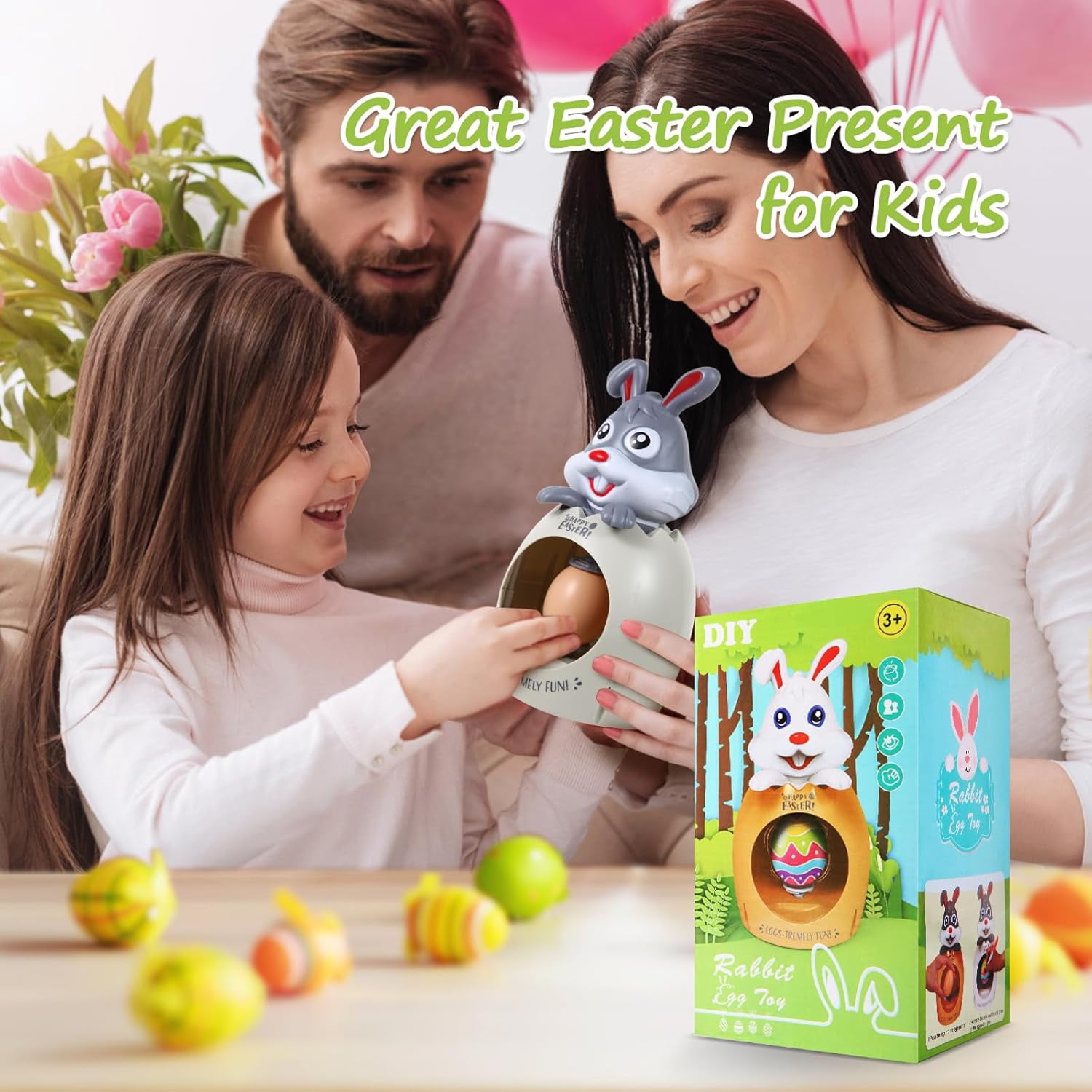 CEDQ Easter Egg Decorator Kit - Bunny Decorating Spinner Arts and Crafts Set with Music and Light, DIY Easter Eggs Coloring Kit with 3 Eggs & 8 Colorful Markers, Easter Gift for Kids Boys Girls Party
