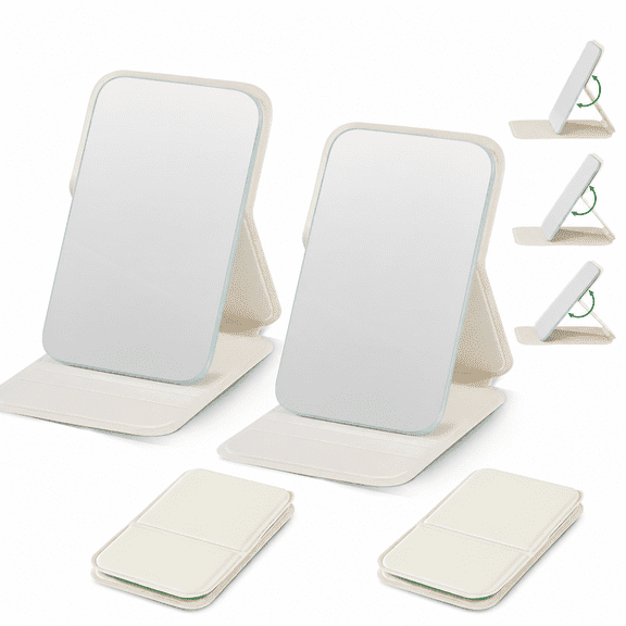 2 Pack Portable Foldable Compact Makeup Mirror with Adjustable Stand - Ultrathin PU Leather Handheld Rectangular Cosmetic Travel Mirror for Home, Office, Travel