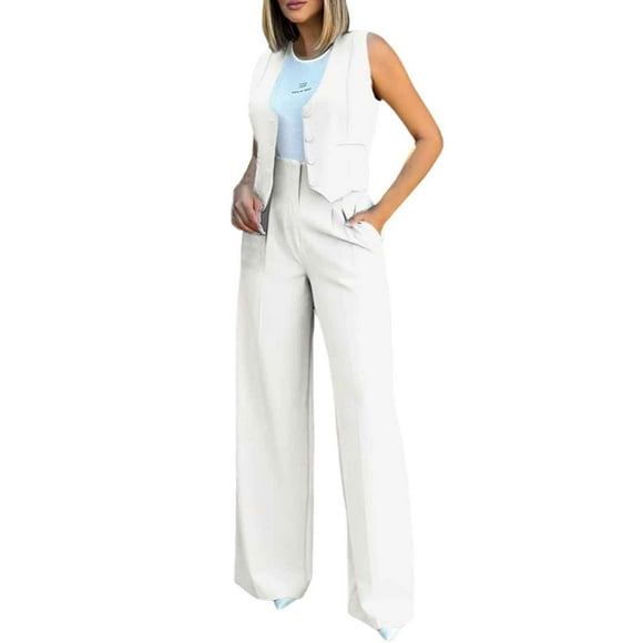 Fgnfyis Womens Elegant Solid Color Suit Vest Tank Cardigan Pockets Tops Wide Leg Pants Suit Two Piece Sets for Women Pants Sets White S