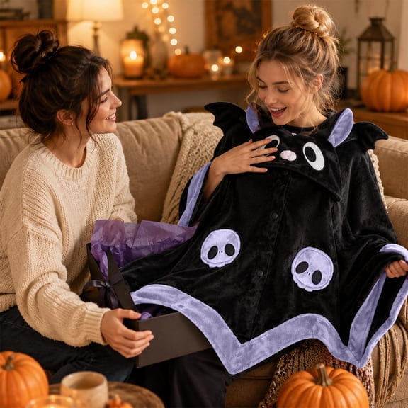 Hooded Bat Blanket Poncho for Women, Cozy Oversized Wearable Wrap with Sleeves and Hood, Soft Fluffy Sherpa Fleece Shawl Cape, Halloween Gift