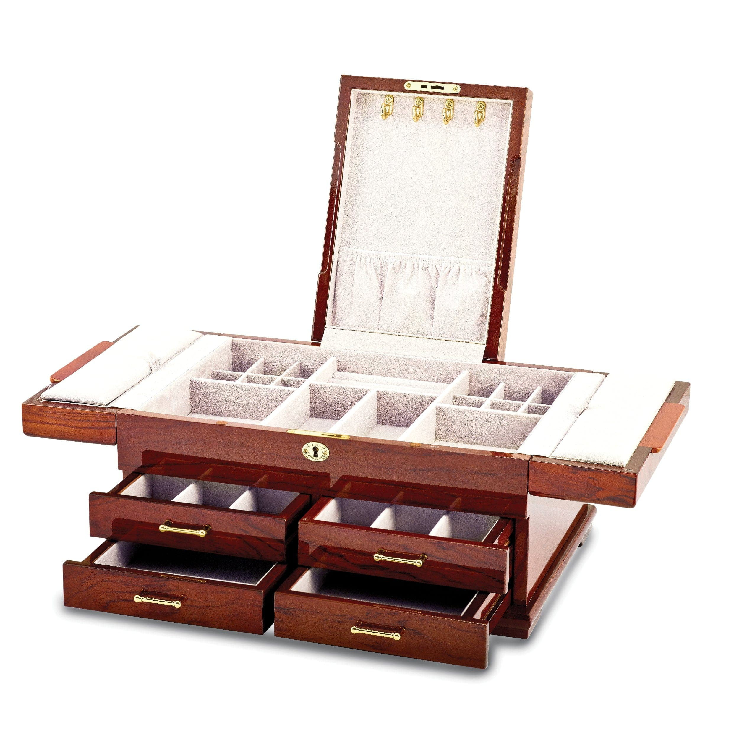 Luxury Giftware High Gloss Bubinga Veneer w/Mapa Burl and Scrolled Inlay Fold-out Top 4-drawer Locking Wooden Jewelry Box Q-JJB367