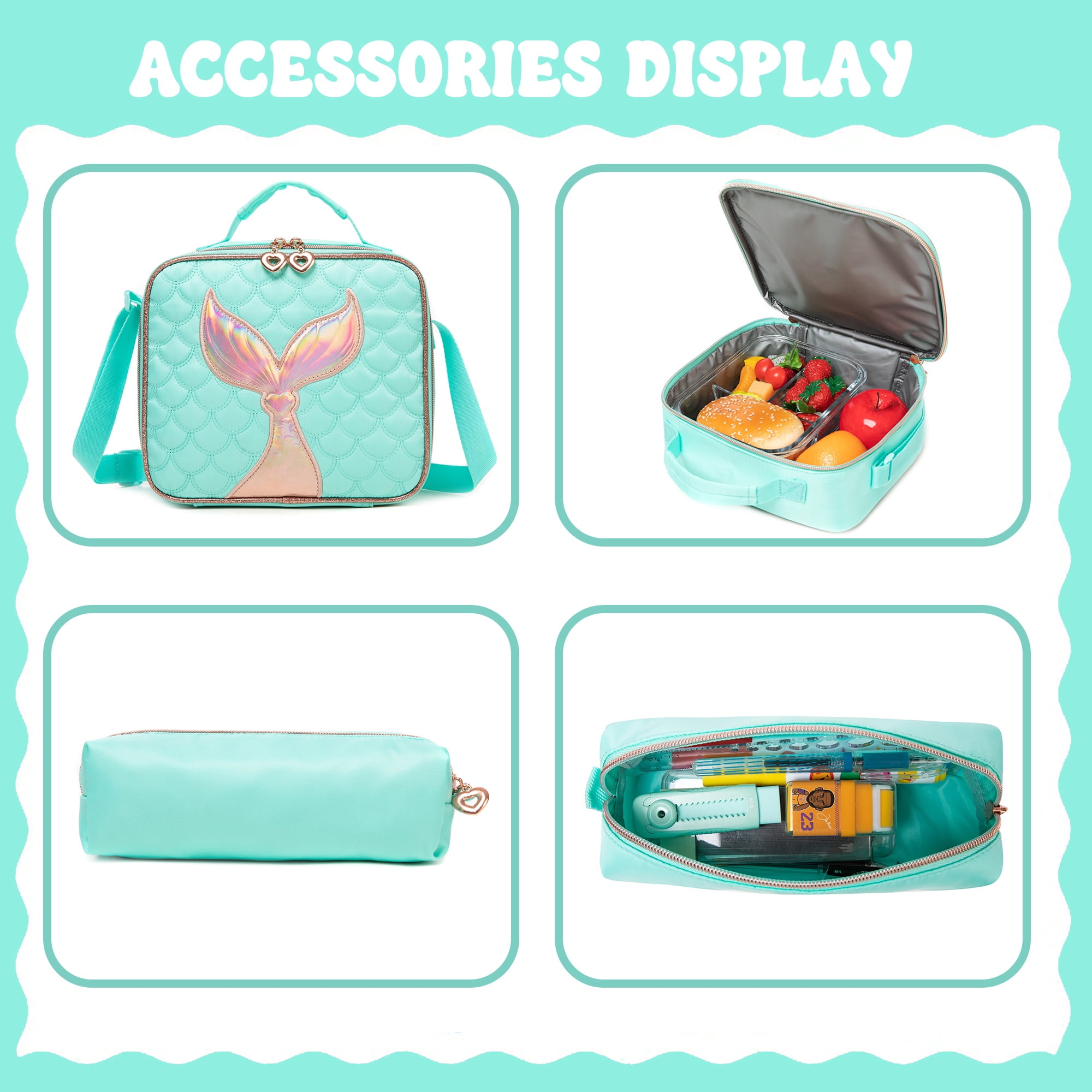 Mermaid Kids Rolling Backpack with Wheels for School Girls Bookbag with Lunch Box Pencil Case Luggage Ages 6-8 Green