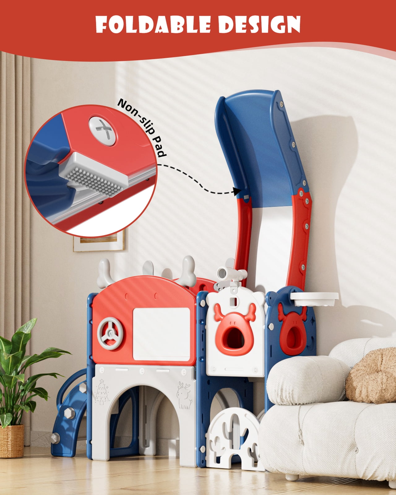 KORIMEFA 11 in 1 Toddler Slide, Kid Slide for Toddlers Age 1-3 with Golf Set, Ring Toss, Basketball Hoop, Drawing Board and Telescope, Indoor Outdoor Playset Playground, Blue Red