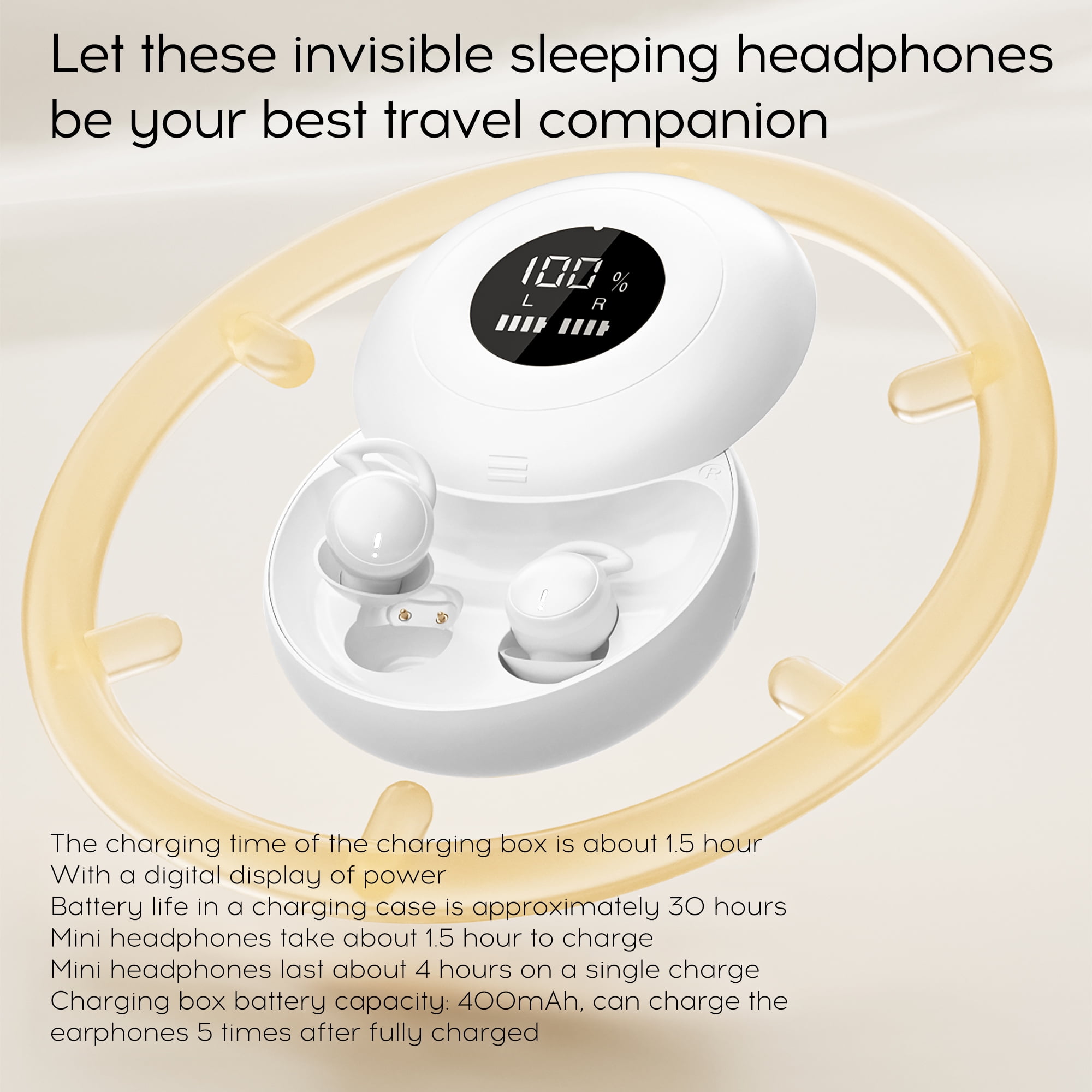 sunvito Sleep Earbuds, Mini Sleep Earbuds for Side Sleepers, 30H Playtime Wireless Headphones with LED Earphones for Small Ears Sleeping Working, Exercise,Hiking,White