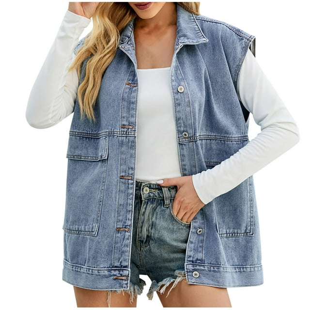 Chaqueta Vaquera Mujer Chaquetas Prendas de Abrigo Moda Casual Bolsillos Botón Sólido Sin Mangas Tops Chaqueta Abrigo de Mezclilla Odeerbi ODB131742