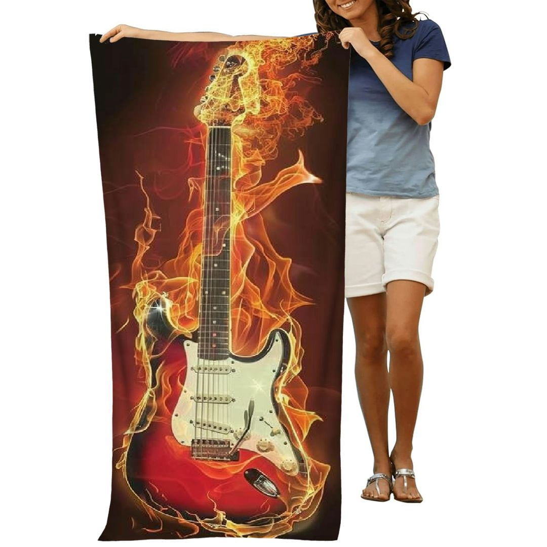 PHYHOO Fire Guitar Microfiber Beach Towel, Music Guitar Large Oversized Beach Towel Lightweight Quick Dry Soft Absorbent Bath Towel, Sand Free Towel for Swimming Travel Sports 30x60in