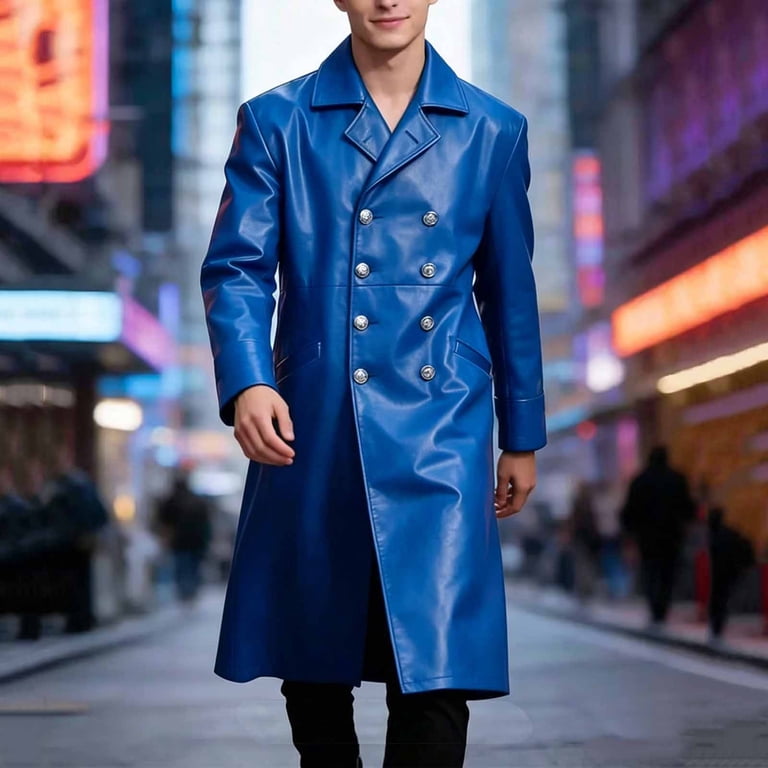 FRSASU Men's Vintage Faux Leather Trench Coat Double Breasted