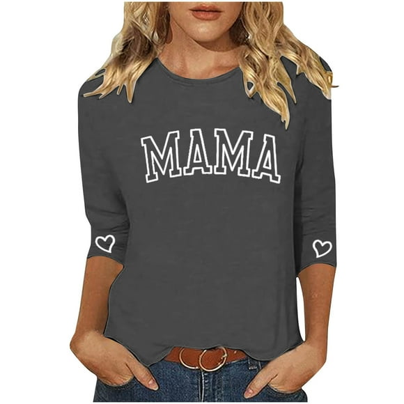 Penkiiy 3/4 Manga Mama Camisas para Mujeres Mama Carta Impresión Tee Mom Regalo Camisa de manga corta Día de las Madres Tops XL Gris