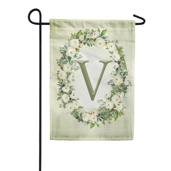 America Forever Spring Monogram Garden Flag Letter V 12.5 x 18 inches Double Sided Vertical Outdoor, Yard, Lawn, Beautiful Floral Wreath, White Flowers, Rose, Summer Themed Garden Flag